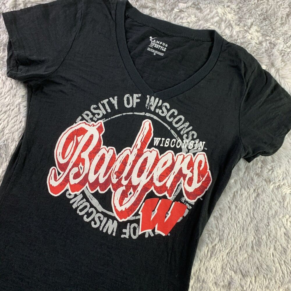 Wisconsin Badgers Shirt Womens Medium Black Red White Gray Sheer Bucky UW Wisco